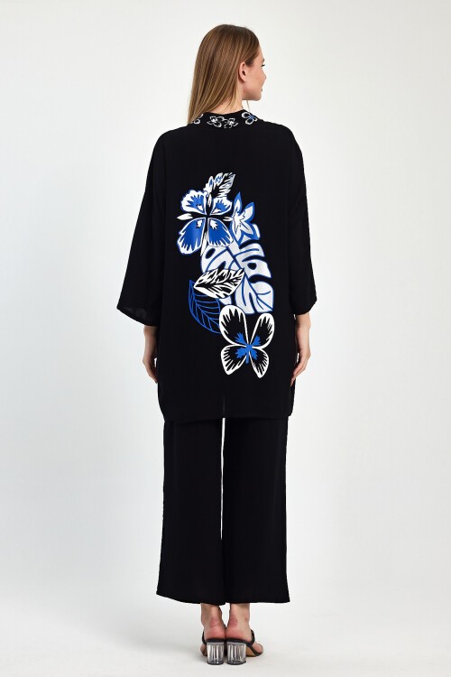 1056 Siyah Mavi Kelebek Desenli Sırt Detaylı Viskon Takım