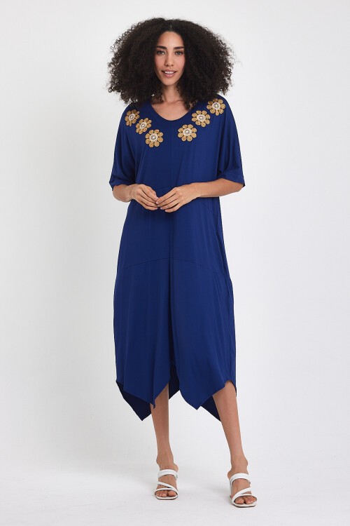 1064 Lacivert V Yaka Çiçek Nakışlı Penye Viskon Elbise