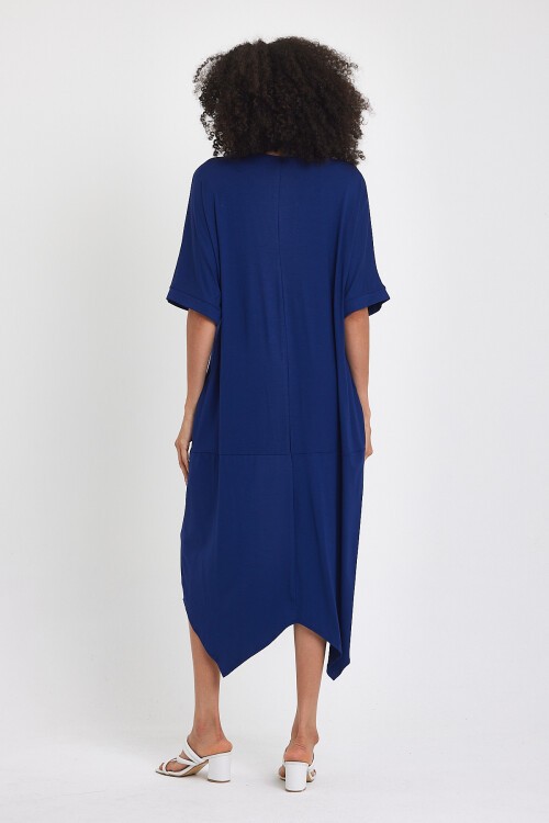 1064 Lacivert V Yaka Çiçek Nakışlı Penye Viskon Elbise