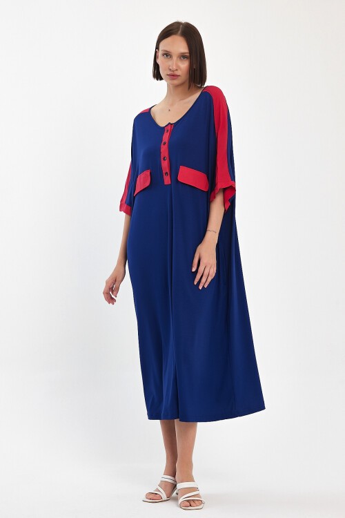 1066 Lacivert Pembe Kapamalı Yaka Cep Detaylı Viskon Elbise