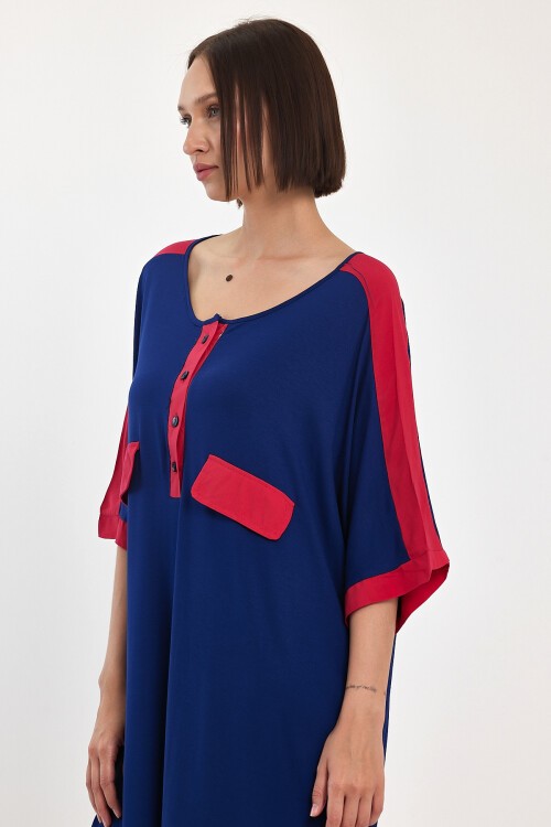 1066 Lacivert Pembe Kapamalı Yaka Cep Detaylı Viskon Elbise