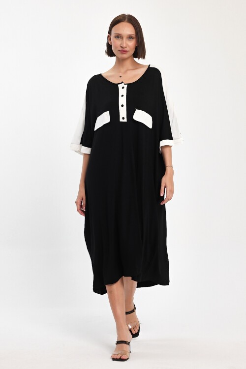 1066 Siyah Beyaz Kapamalı Yaka Cep Detaylı Viskon Elbise