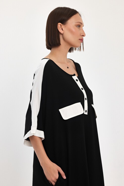 1066 Siyah Beyaz Kapamalı Yaka Cep Detaylı Viskon Elbise