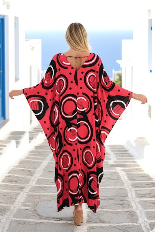 1067 Kadın Fuşya V Yaka Desenli Standart Beden Elbise