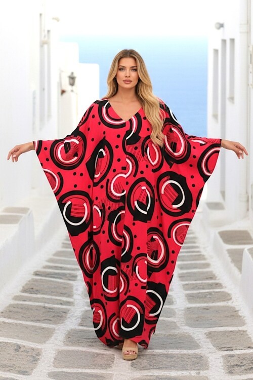 1067 Kadın Fuşya V Yaka Desenli Standart Beden Elbise