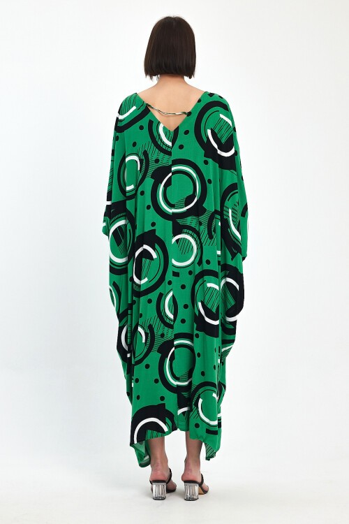 1067 Kadın Yeşil V Yaka Desenli Standart Beden Elbise