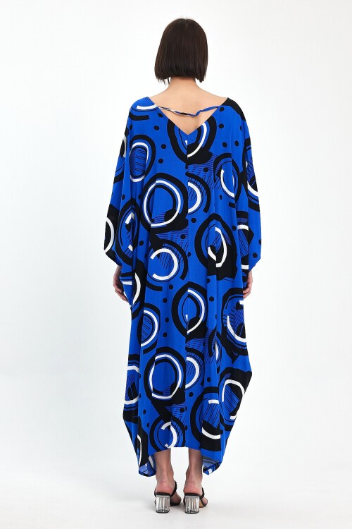 1067 Kadın Saks Mavi V Yaka Desenli Standart Beden Elbise