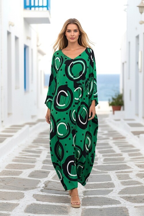 1067 Kadın Yeşil V Yaka Desenli Standart Beden Elbise