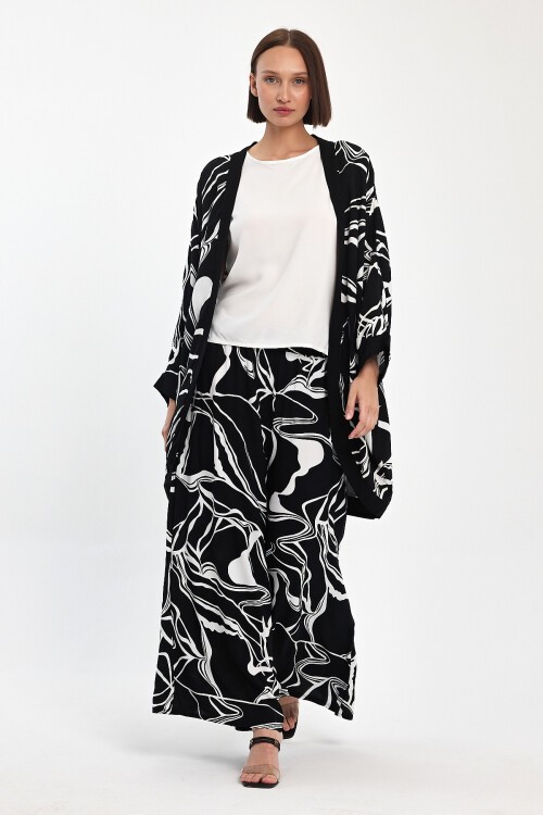 1068 Siyah Beyaz Desenli Üçlü Viskon Takım