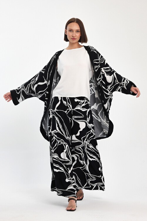 1068 Siyah Beyaz Desenli Üçlü Viskon Takım