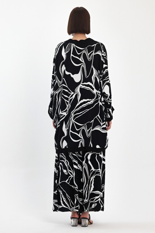 1068 Siyah Beyaz Desenli Üçlü Viskon Takım