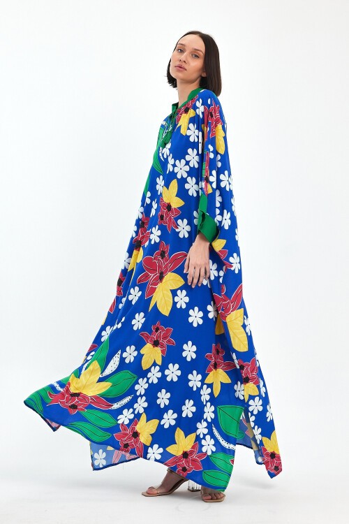 1069 Kadın Hakim Yaka Bağcıklı Desenli Standart Beden Etnik Elbise