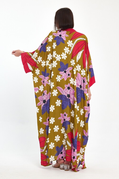 1069 Kadın Hakim Yaka Bağcıklı Desenli Standart Beden Etnik Elbise