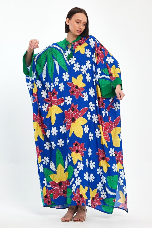 1069 Kadın Hakim Yaka Bağcıklı Desenli Standart Beden Etnik Elbise