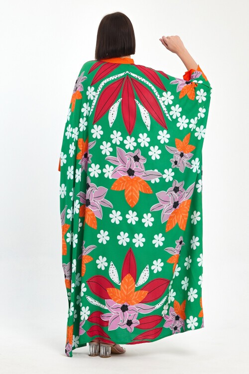 1069 Kadın Hakim Yaka Bağcıklı Desenli Standart Beden Etnik Elbise