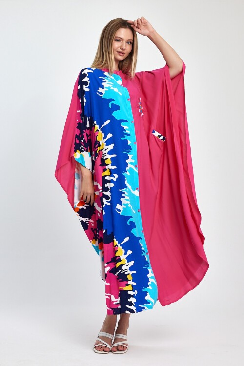 1076 Kadın Hakim Yaka Baskı Ve Nakış Detaylı Cepli Büyük Beden Gömlek Elbise