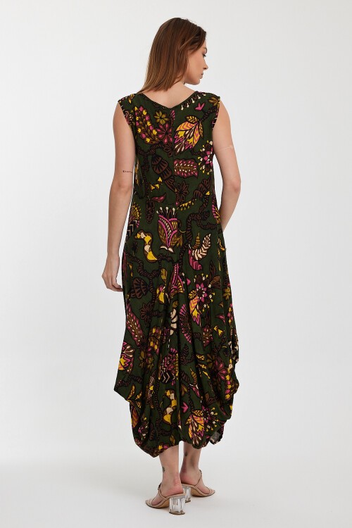 2014 Yeşil Otantik Desen Cepli Şalvar Model Elbise