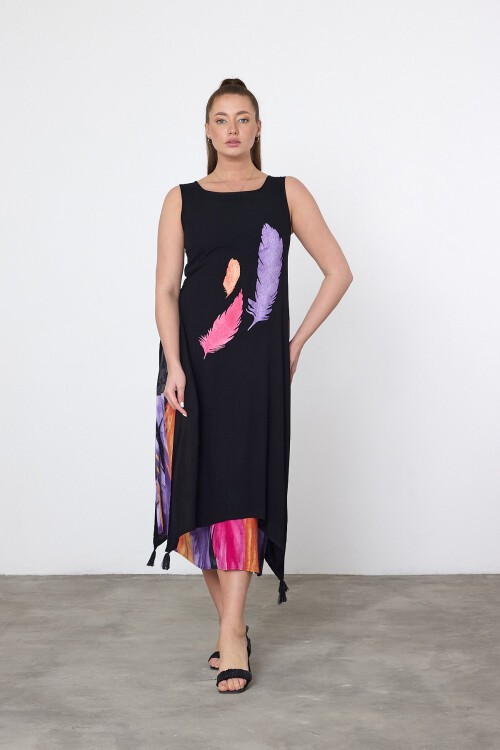 2025 Siyah Mor Kuş Tüyü Baskılı Astarlı Viskon Elbise