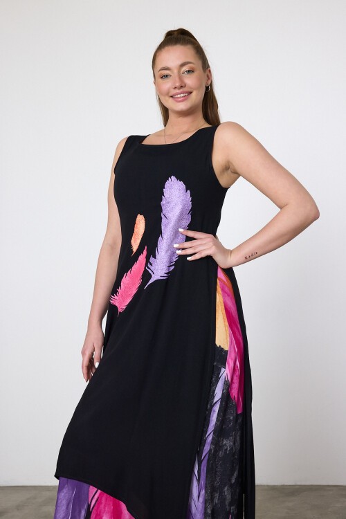 2025 Siyah Mor Kuş Tüyü Baskılı Astarlı Viskon Elbise