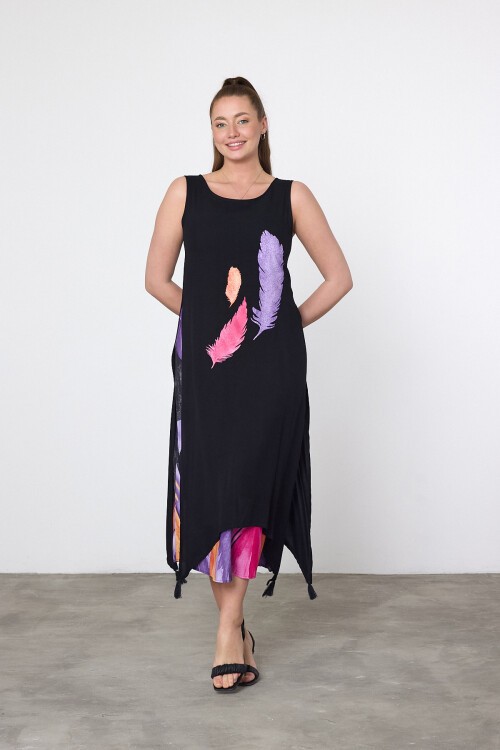 2025 Siyah Mor Kuş Tüyü Baskılı Astarlı Viskon Elbise