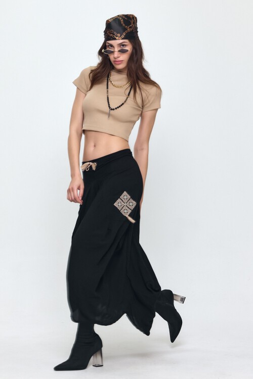 900 Nakış Detaylı Bağcıklı Cepli Şalvar Etek