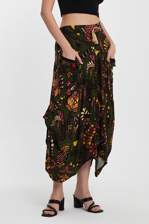 2039 Yeşil Otantik Desen Cepli Şalvar Model Etek