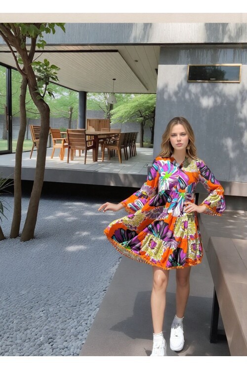 2053 Desenli Kısa Ponpon Detaylı Elbise