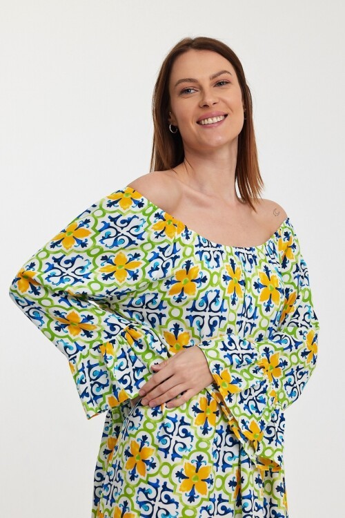 2251 Çiçek Desenli Madonna Yaka Elbise