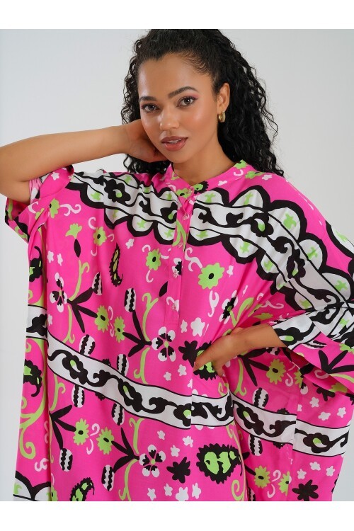 2934 Pembe Etnik Desenli Elbise