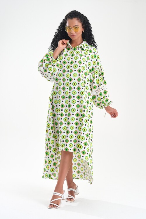 3084 Yeşil Arka Dantel Detaylı Elbise