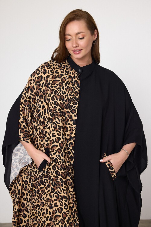 V067 Siyah Leopar Düğme Kapamalı Büyük Beden Gömlek Elbise