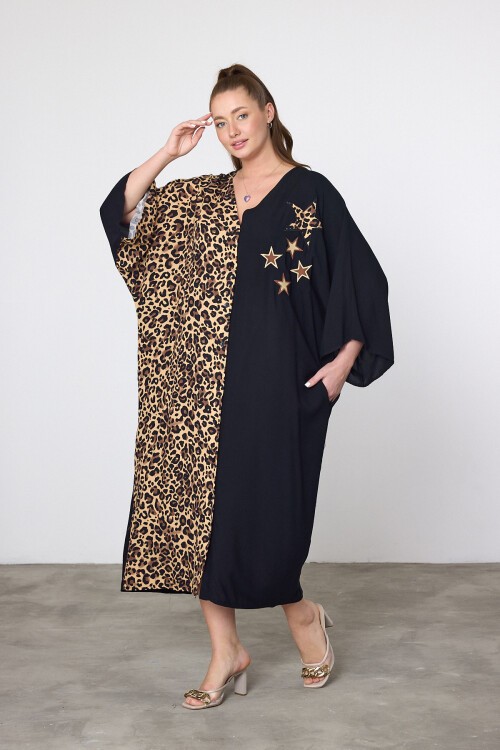 3102 Siyah Leopar Yıldız Detaylı Büyük Beden Gömlek Elbise