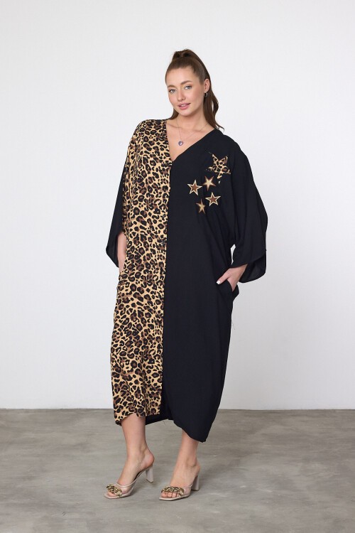 3102 Siyah Leopar Yıldız Detaylı Büyük Beden Gömlek Elbise