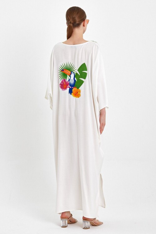 8120 Beyaz Arkada Papağan Desenlı Elbise