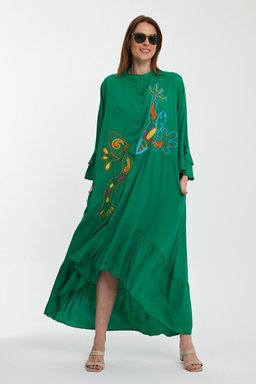8140 Yeşil Kurbağa Nakışlı Gömlek Elbise