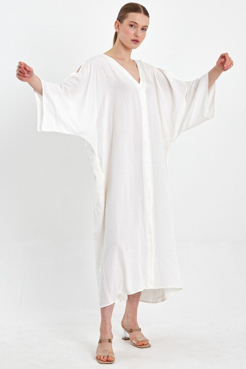 8183 Beyaz Arka Etnik Nakışlı Gömlek Elbise