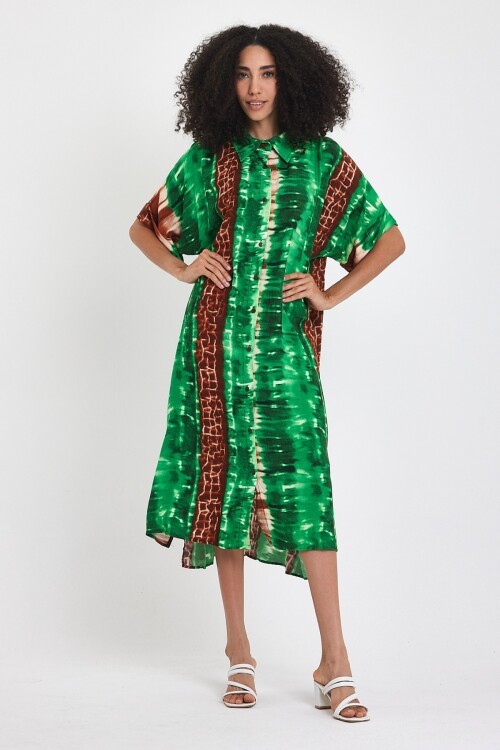 8215 Yeşil Etnik Desenli Gömlek Elbise