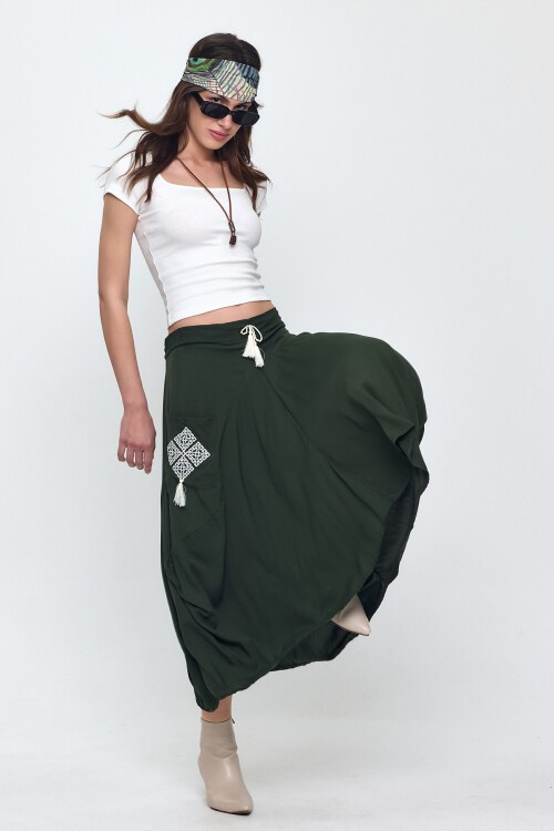 900 Nakış Detaylı Bağcıklı Cepli Şalvar Etek