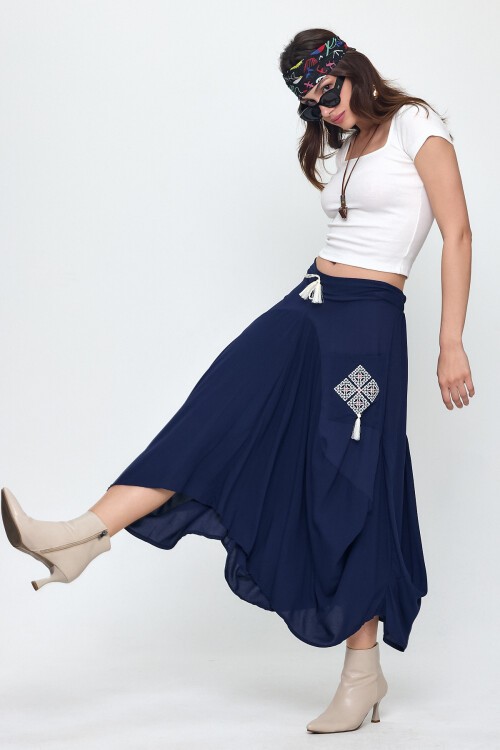 900 Nakış Detaylı Bağcıklı Cepli Şalvar Etek