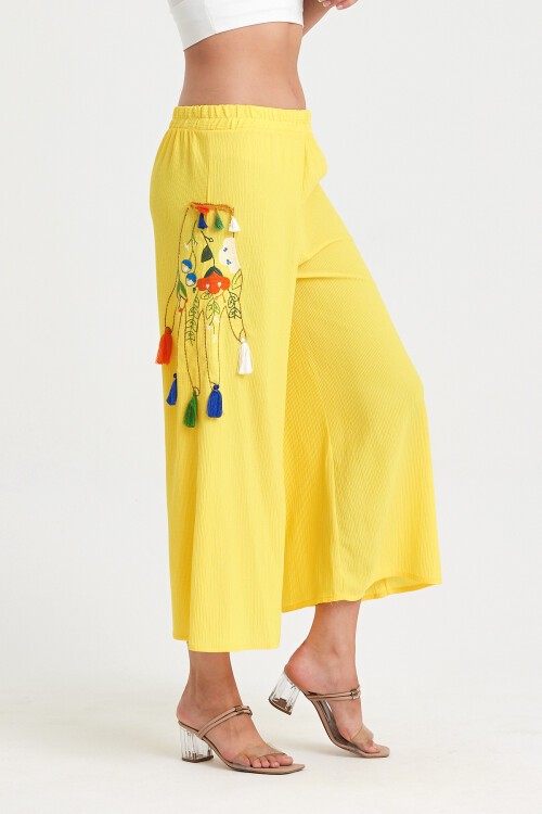 913 Sarı Otantik Nakış Püskül Detay Bürümcük Pantolon