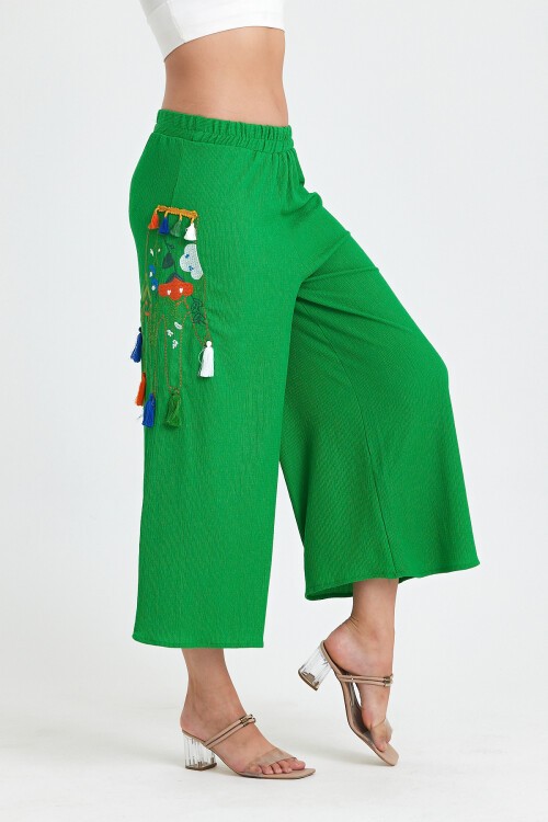 913 Yeşil Otantik Nakış Püskül Detay Bürümcük Pantolon