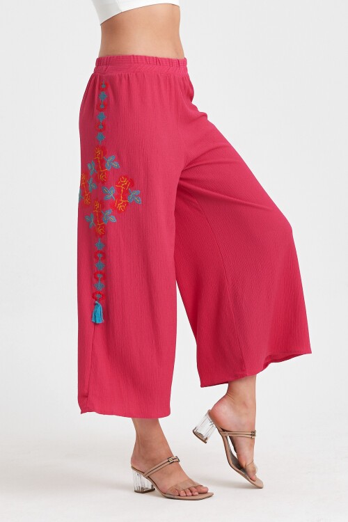 914 Fuşya Büyük Beden Otantik Nakış Püskül Detay Bürümcük Pantolon