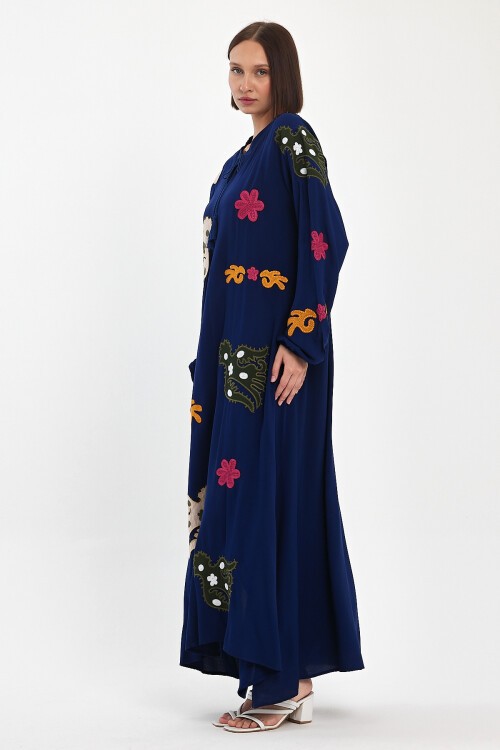 915 Lacivert Kadın Bisiklet Yaka Bağcıklı Aplike Detaylı Uzun Viskon Elbise