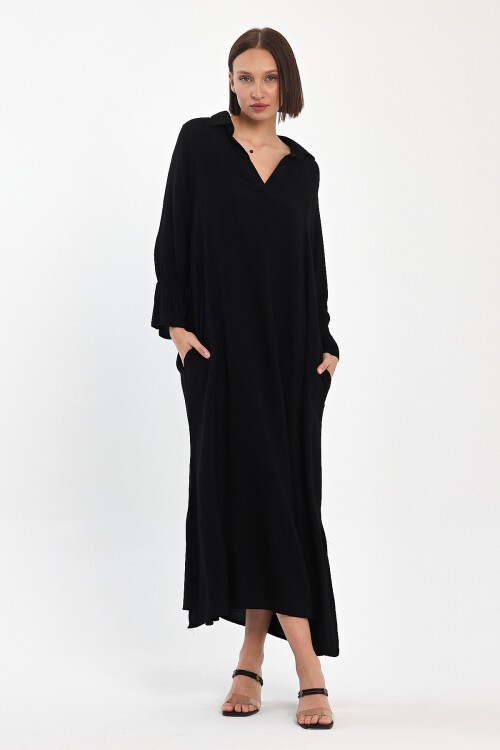 920 Siyah V Yaka Cepli Kol Detaylı Viskon Elbise