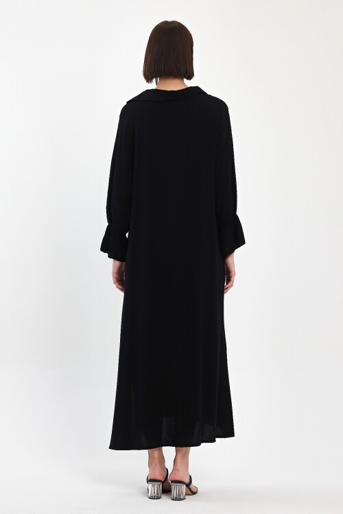 920 Siyah V Yaka Cepli Kol Detaylı Viskon Elbise