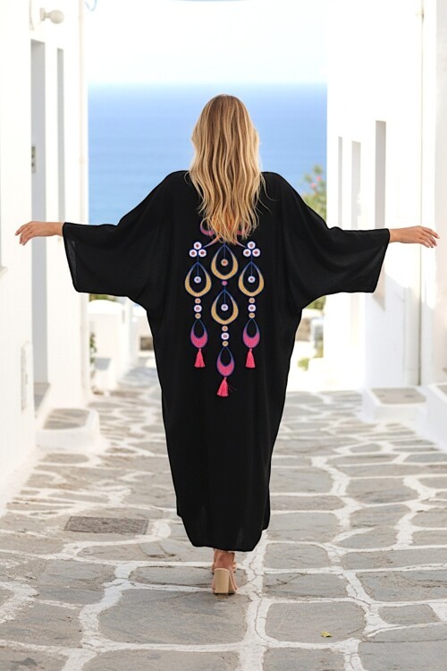 923 Siyah Nakış Detay Büyük Beden Elbise