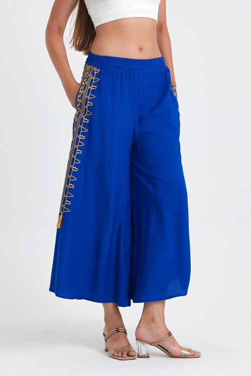 929 Saks Mavi Altın Nakışlı Cepli Geniş Paça Viskon Pantolon