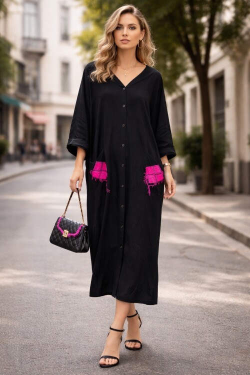 938 Siyah Kol Dekolte Sırt Nakış Detay Büyük Beden Elbise