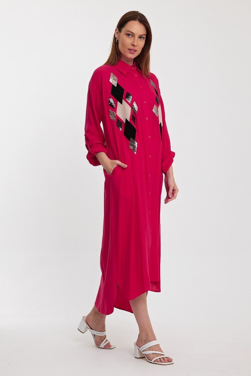943 Fuşya Kadın Pul İşlemeli Viskon Gömlek Elbise