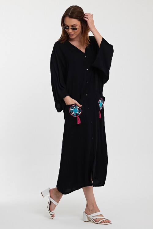 948 Siyah Kadın V Yaka Düğme Kapalı Nakışlı Büyük Beden Gömlek Elbise